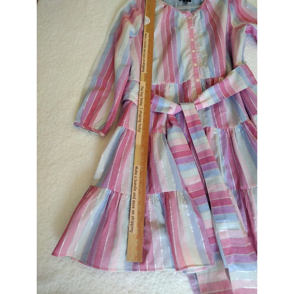 J. CREW Dress‎ Woman M PINK/ Silver Striped Belted Ruffled Long Sleeve Lined